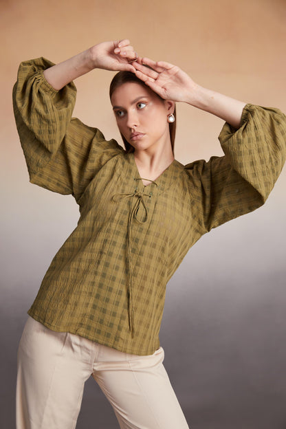 Olive Checked Balloon Sleeve Top
