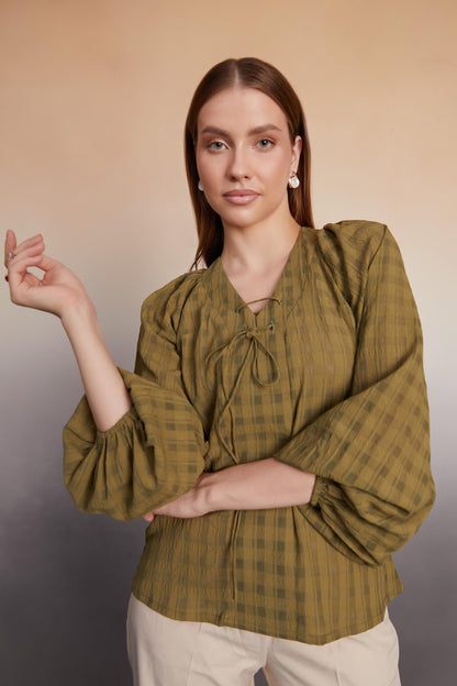 Olive Checked Balloon Sleeve Top