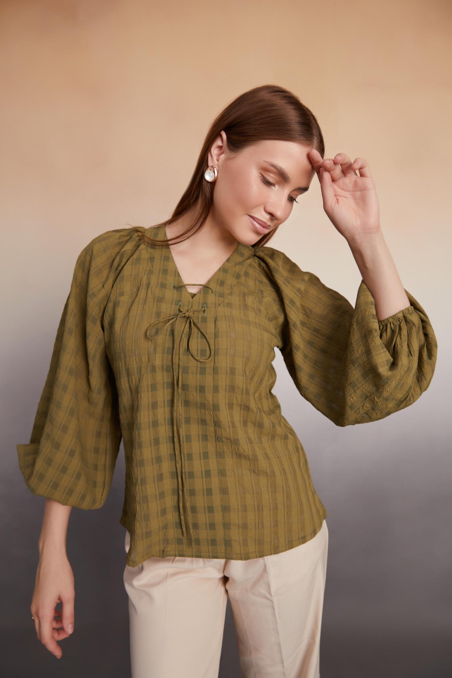Olive Checked Balloon Sleeve Top