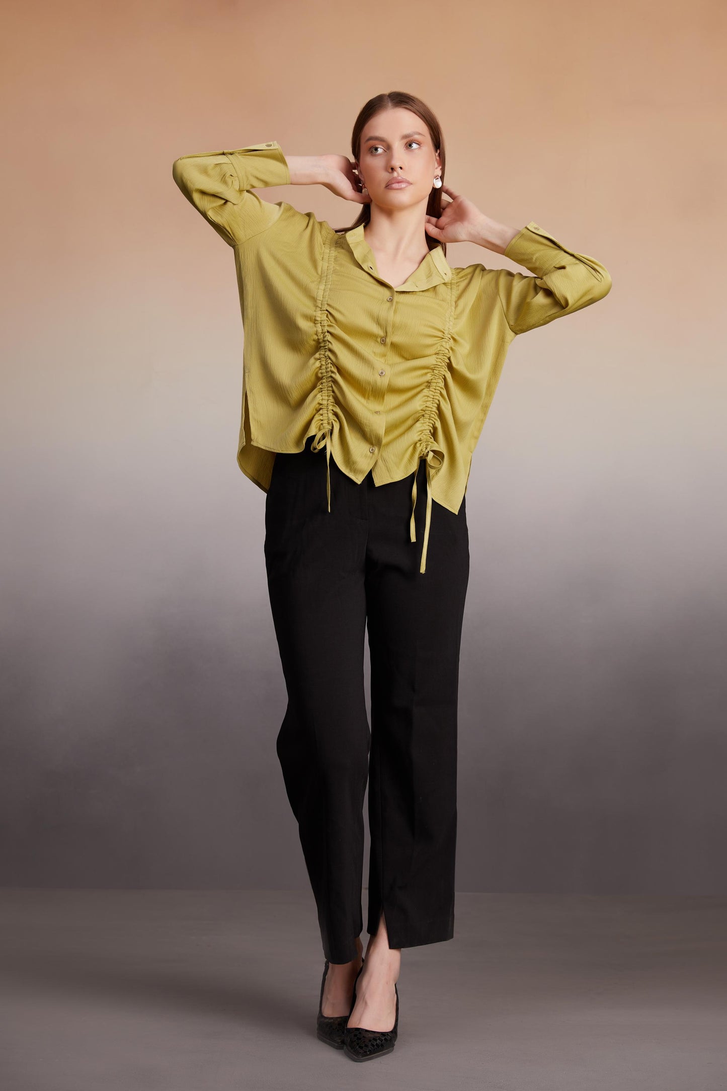 Olive Ruched Front Button-Down Shirt