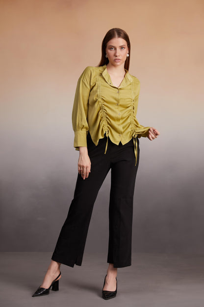Olive Ruched Front Button-Down Shirt