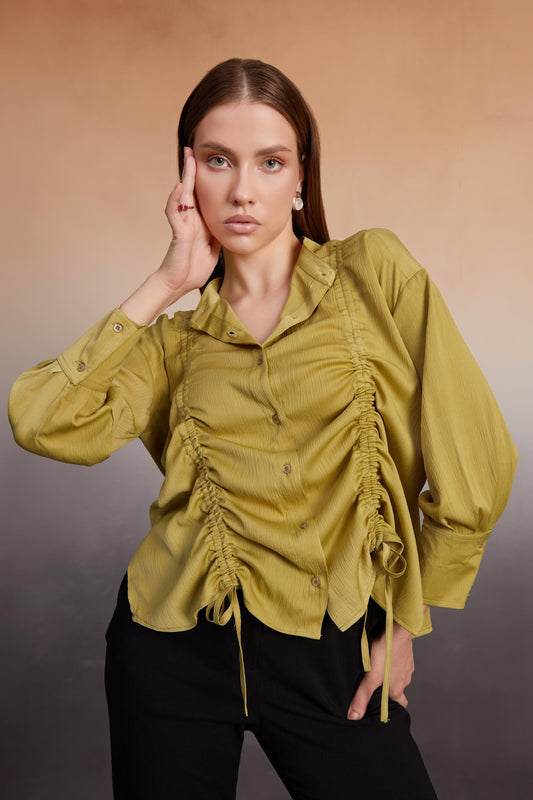 Olive Ruched Front Button-Down Shirt