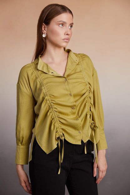 Olive Ruched Front Button-Down Shirt