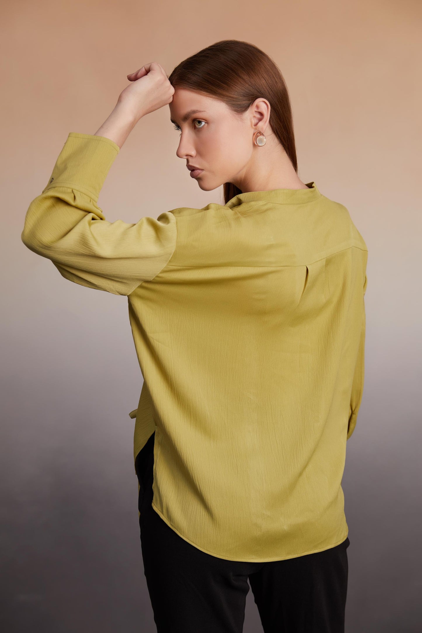 Olive Ruched Front Button-Down Shirt