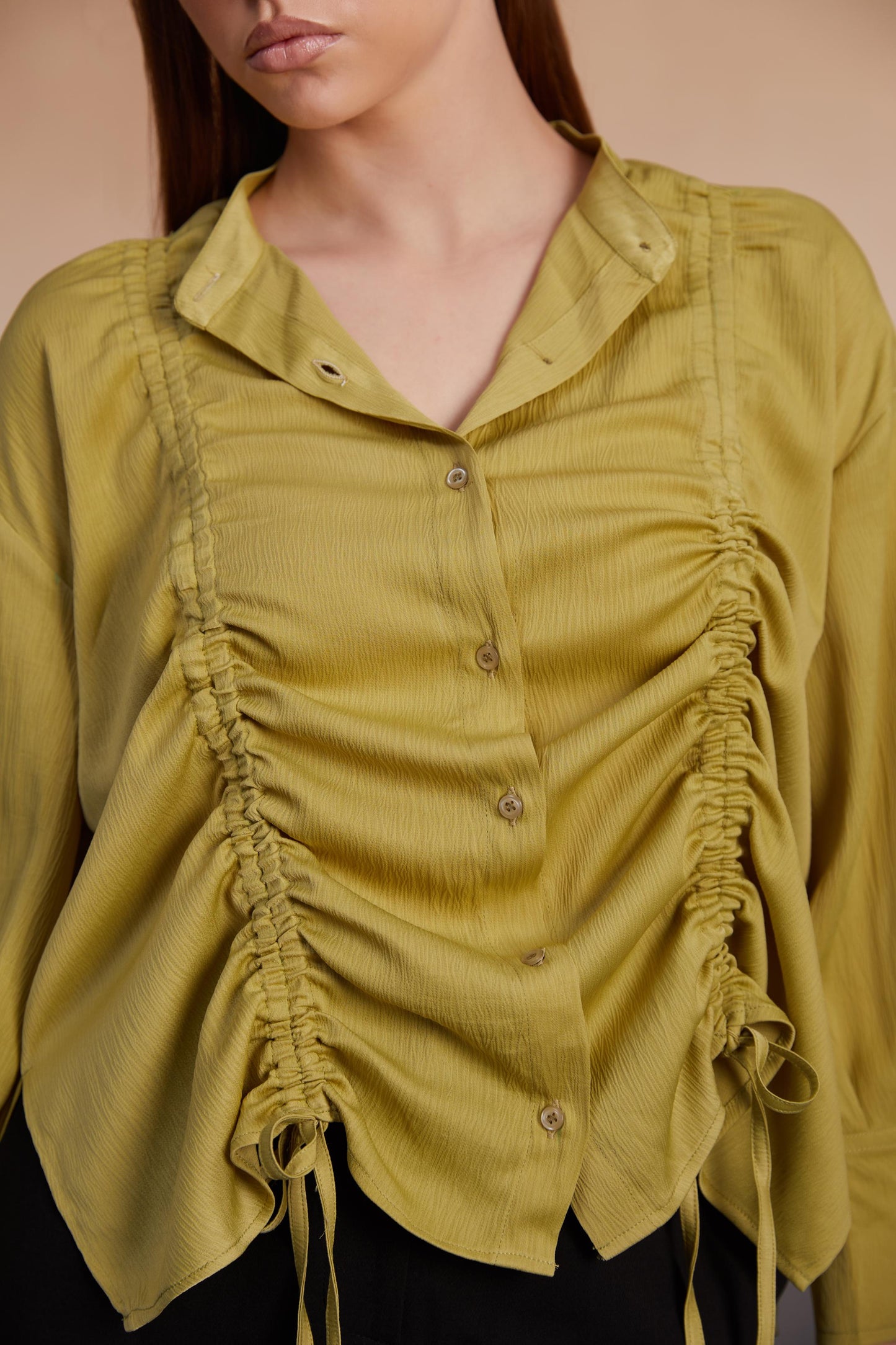 Olive Ruched Front Button-Down Shirt