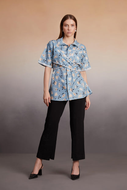 Powder Blue Floral Wrap Top