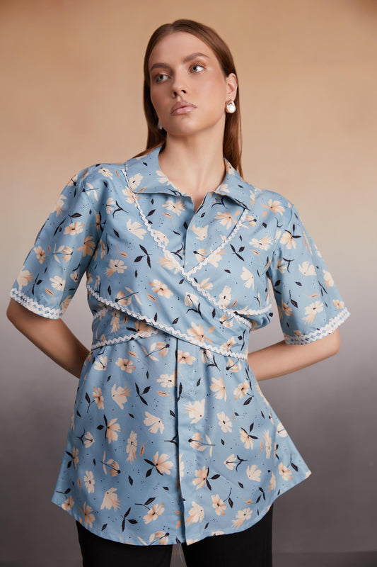 Powder Blue Floral Wrap Top