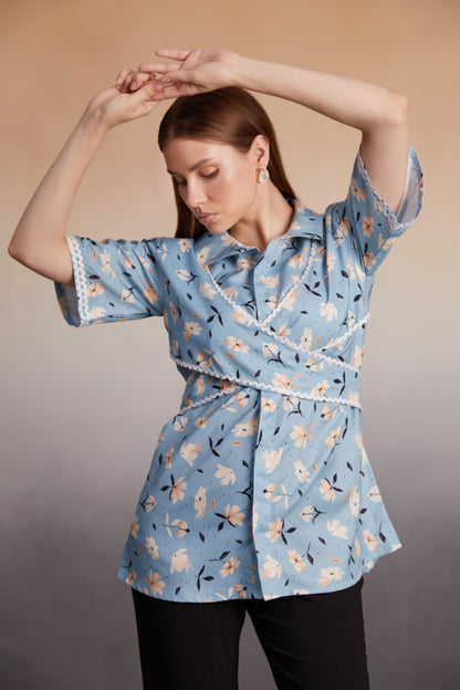 Powder Blue Floral Wrap Top