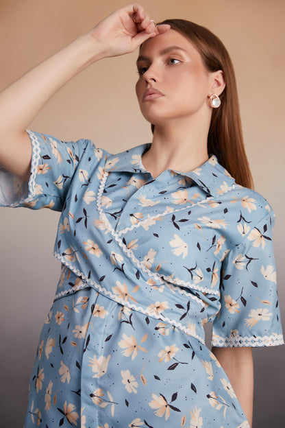 Powder Blue Floral Wrap Top