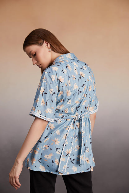 Powder Blue Floral Wrap Top