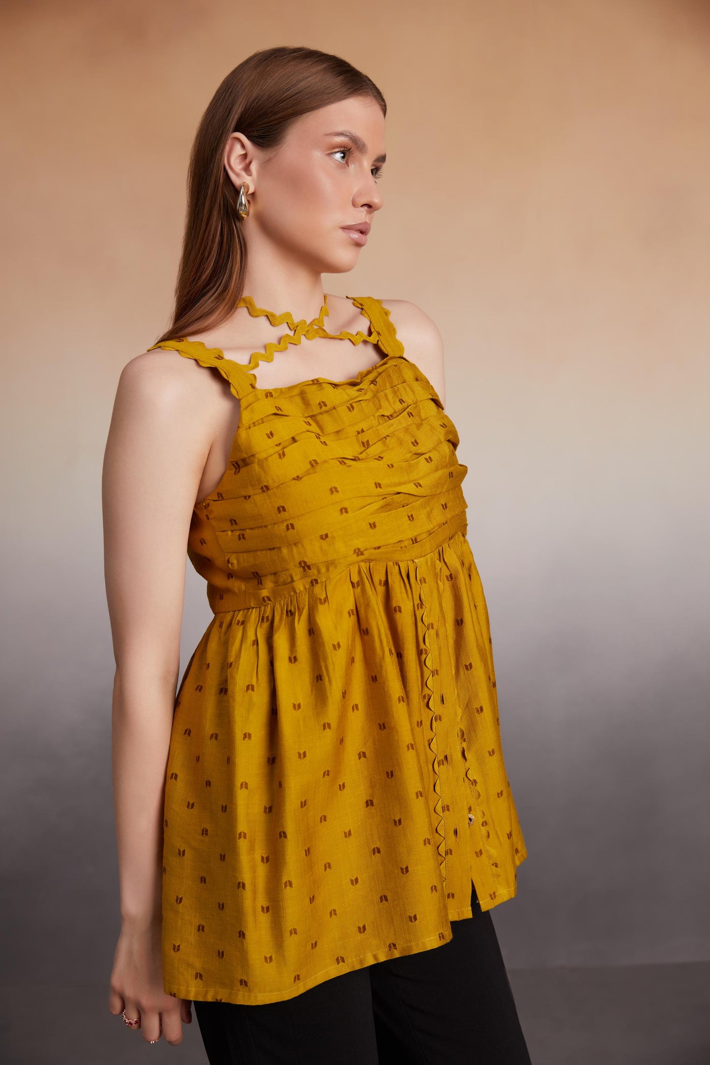 Mustard Halter Strap Peplum Top