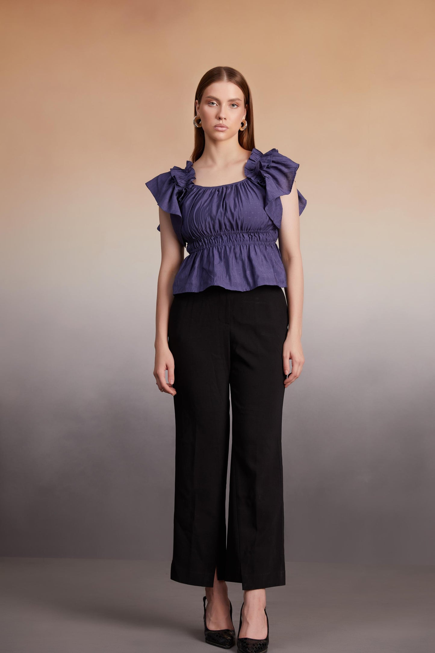 Indigo Ruffled Sleeve Smocked Top