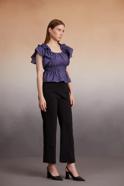 Indigo Ruffled Sleeve Smocked Top