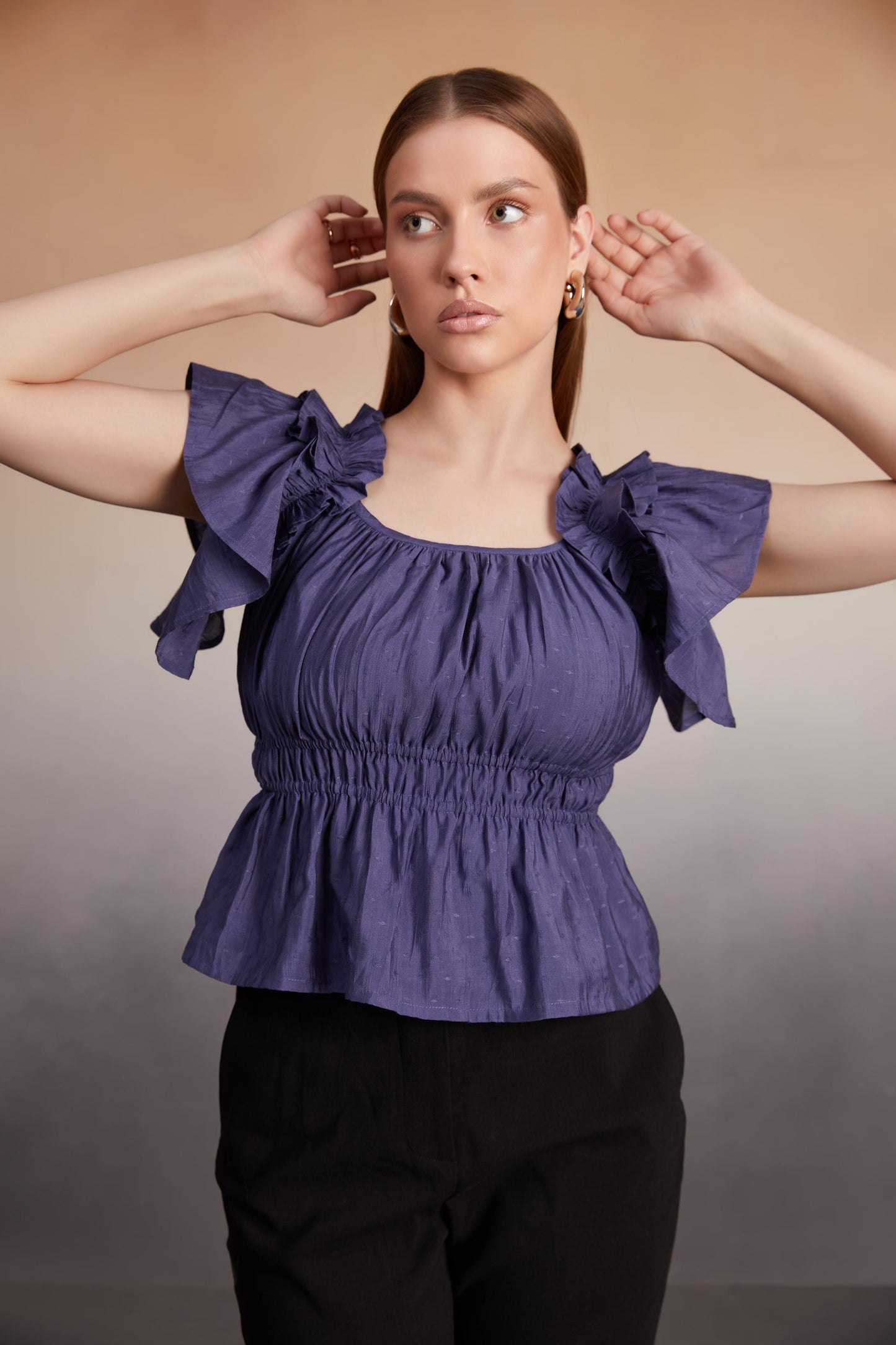 Indigo Ruffled Sleeve Smocked Top