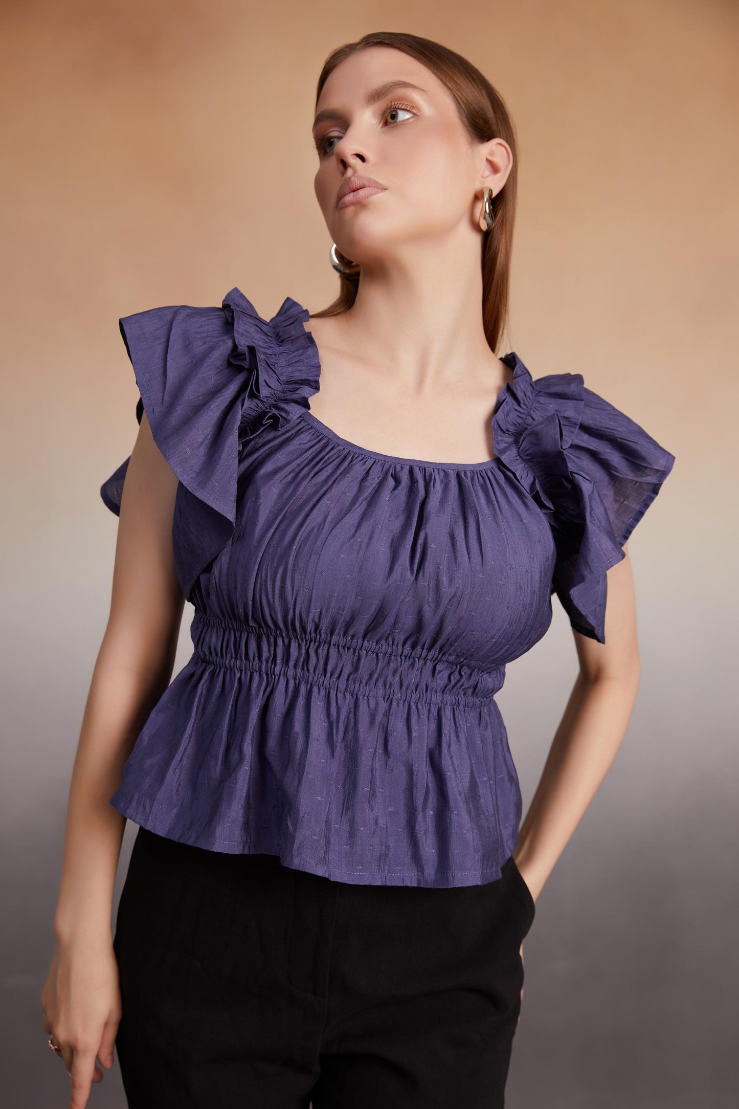 Indigo Ruffled Sleeve Smocked Top