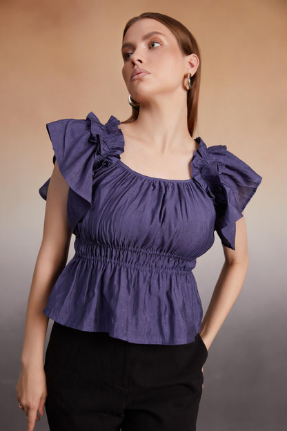 Indigo Ruffled Sleeve Smocked Top