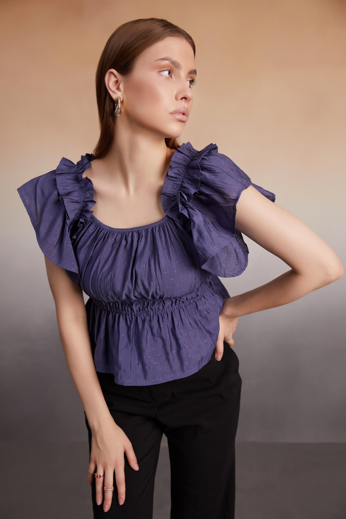Indigo Ruffled Sleeve Smocked Top