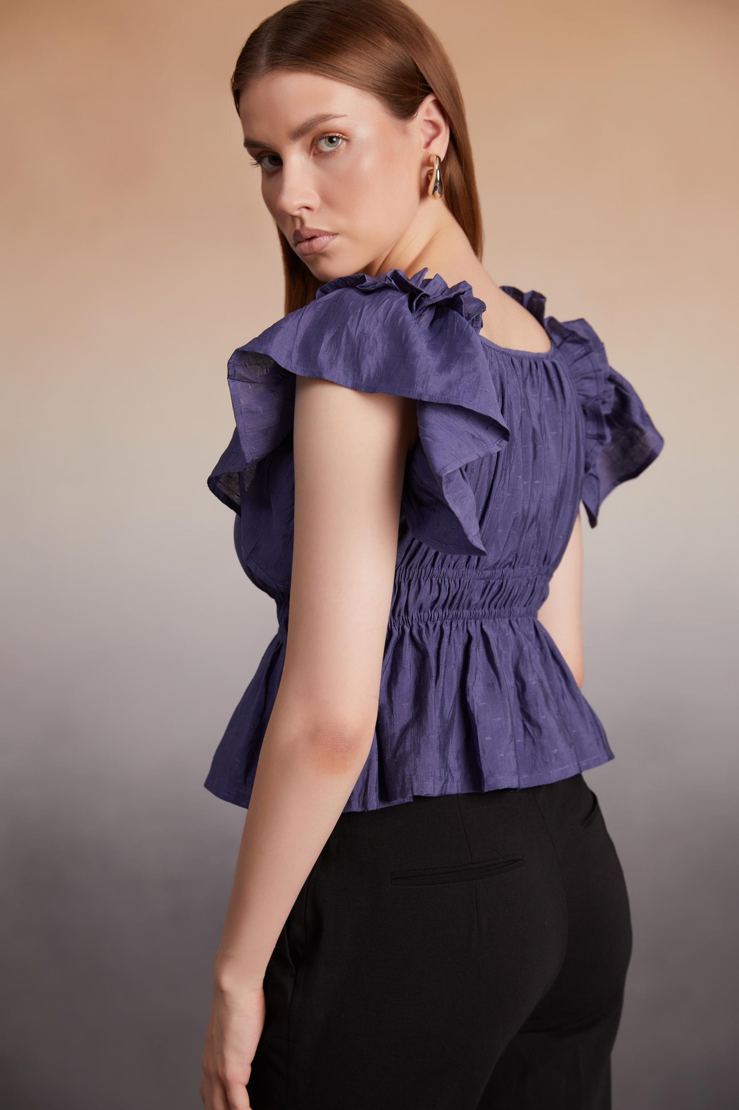 Indigo Ruffled Sleeve Smocked Top