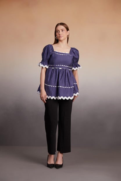 Indigo Scalloped Trim Peplum Top