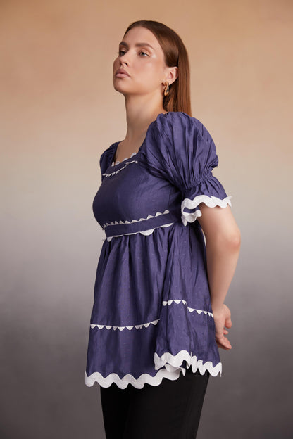 Indigo Scalloped Trim Peplum Top