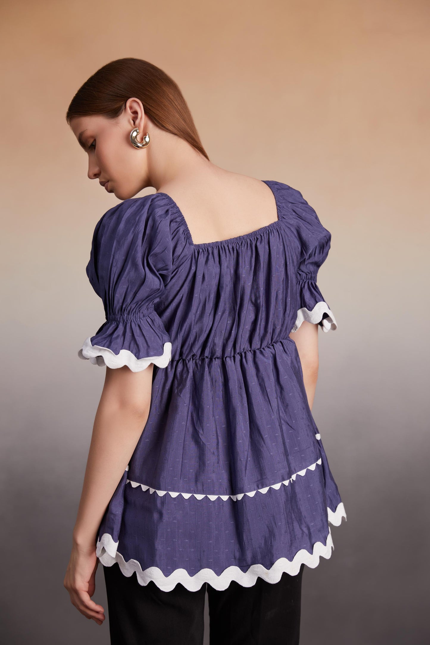 Indigo Scalloped Trim Peplum Top