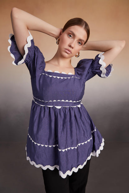 Indigo Scalloped Trim Peplum Top