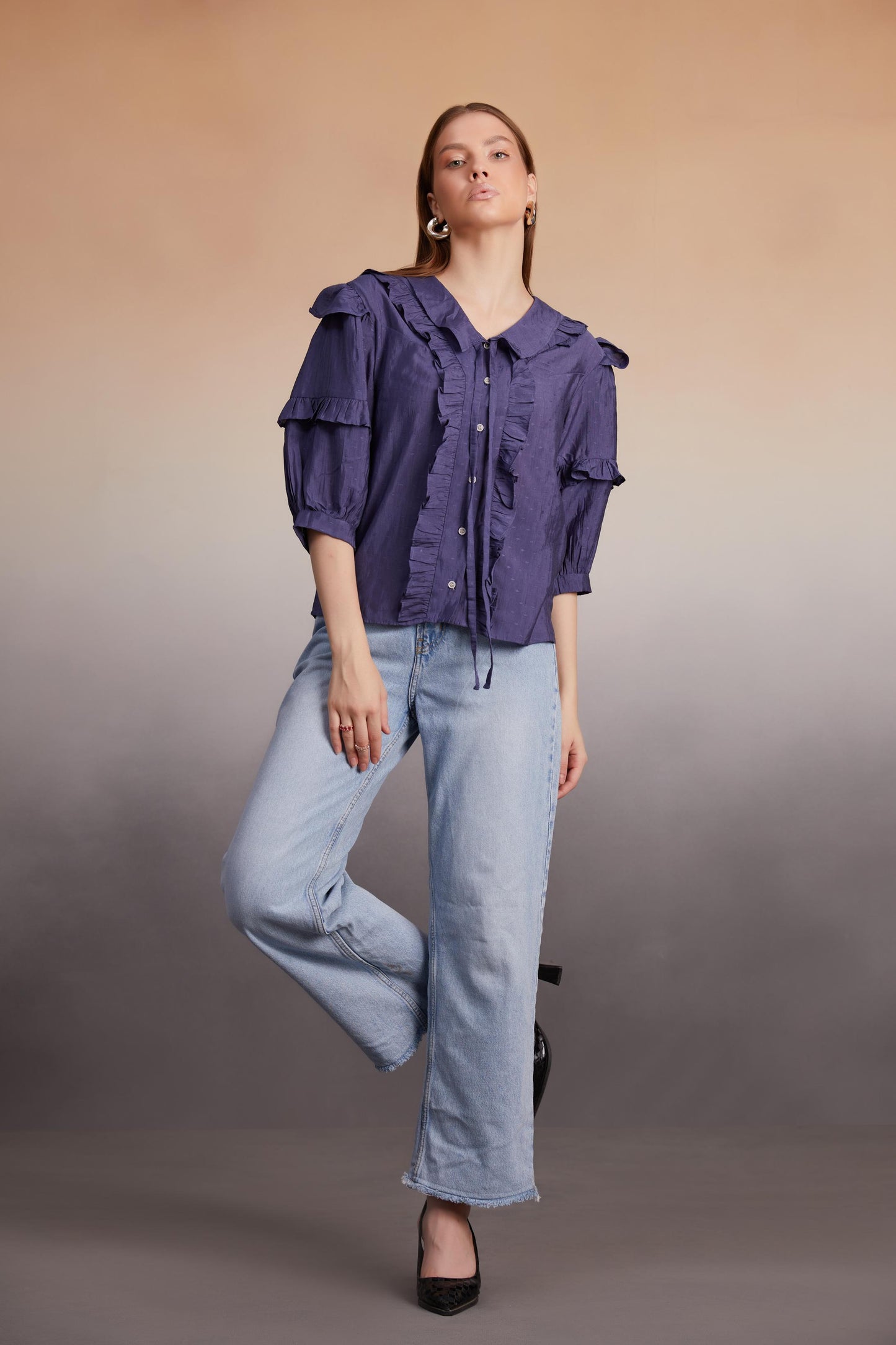 Indigo Ruffled Button-Down Blouse