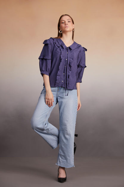 Indigo Ruffled Button-Down Blouse