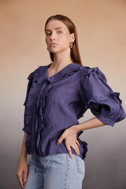 Indigo Ruffled Button-Down Blouse