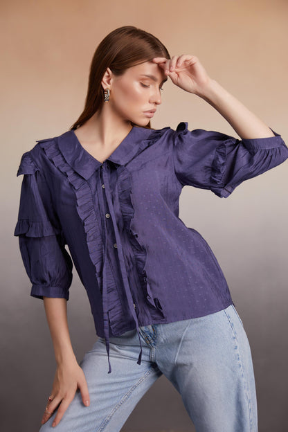 Indigo Ruffled Button-Down Blouse
