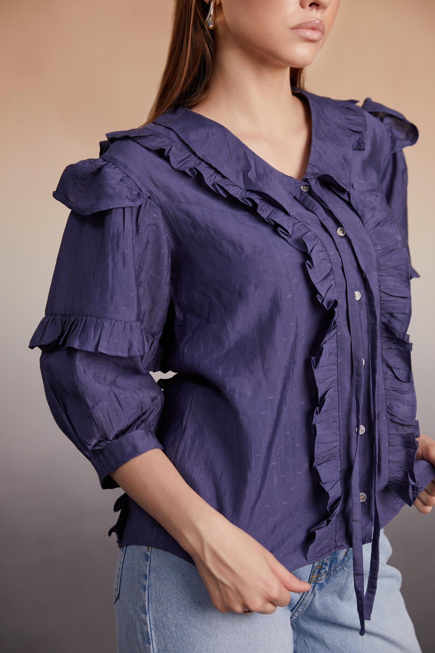 Indigo Ruffled Button-Down Blouse