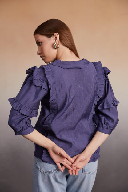 Indigo Ruffled Button-Down Blouse